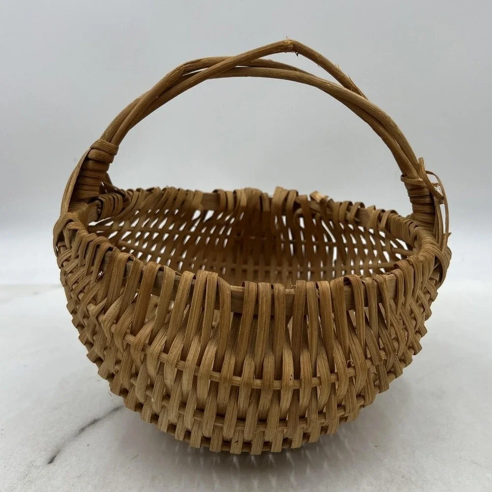 VTG Hand Woven Wicker Buttocks Basket Natural Wood Split Reed God's Eye Handle